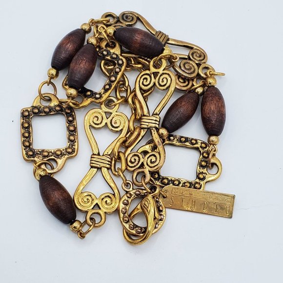 Gold-tone Bow Geometrical Linked Wooden Bead Belt Vintage - Picture 5 of 6